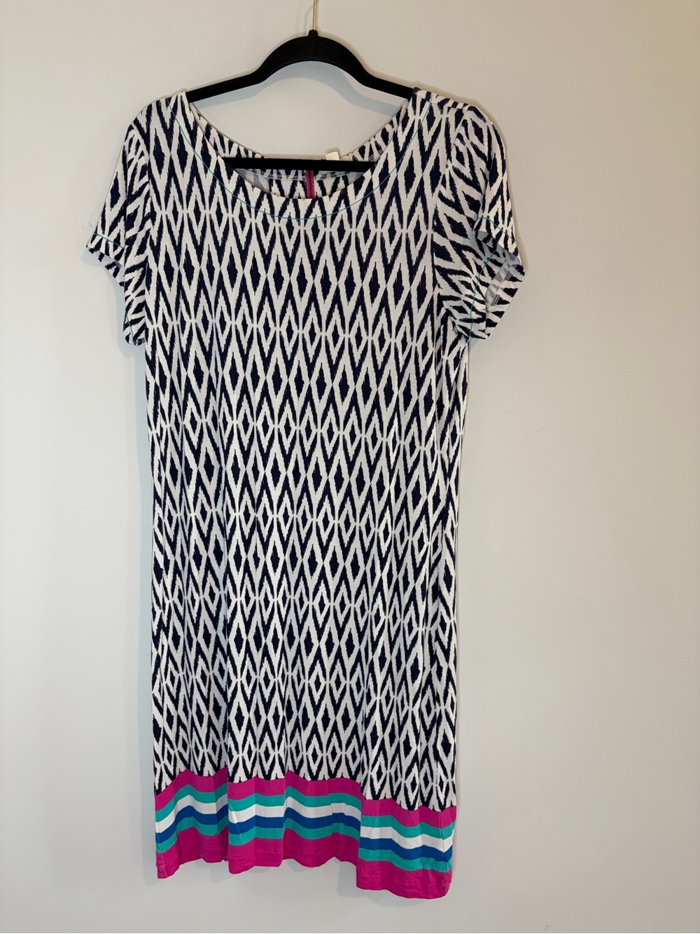 Hatley Navy & White Geometric Short-Sleeve Dress with Pink, Teal, Aqua Hem